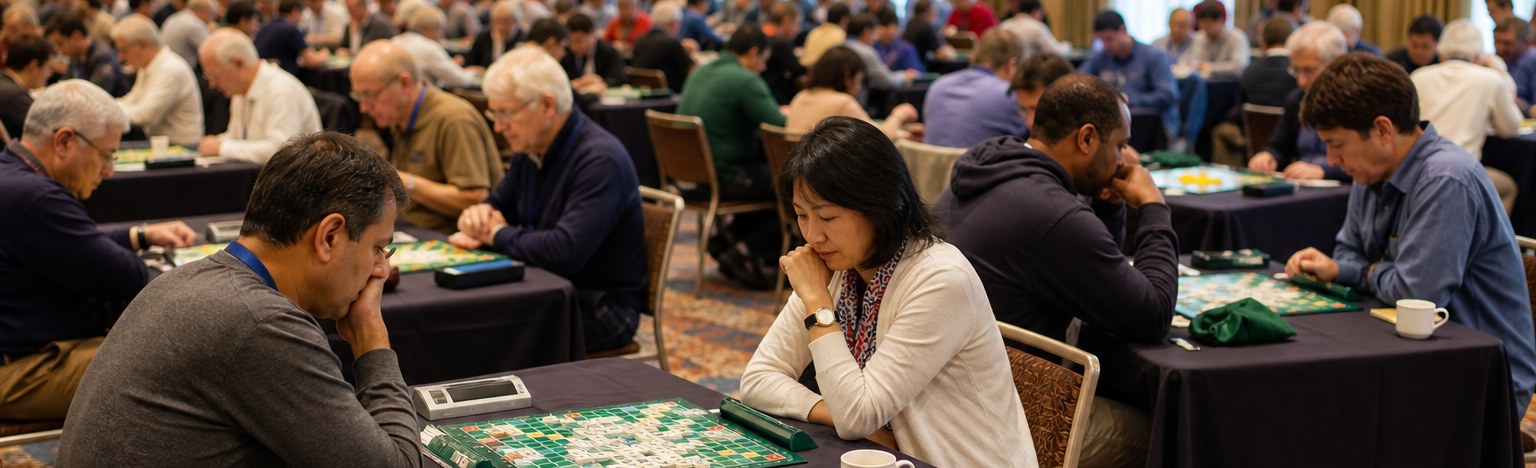 Players competing at an international word-game tournament in a hotel conference hall